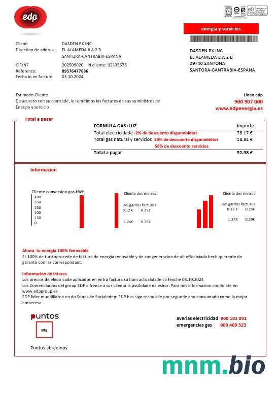 Hiszpania EDP Energia rachunek za usługi komunalne szablon w formacie Word i PDF